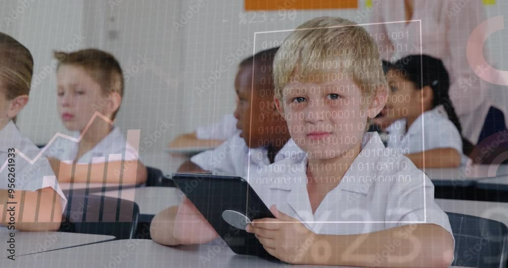 Poster children in classroom using tablets, data processing animation over them