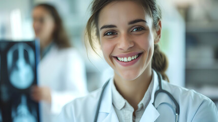 Fototapeta premium Smiling doctor examining medical data, conveying confidence and professionalism in healthcare. Good for healthcare marketing and patient trust campaigns. Portrait of a cheerful medical professional