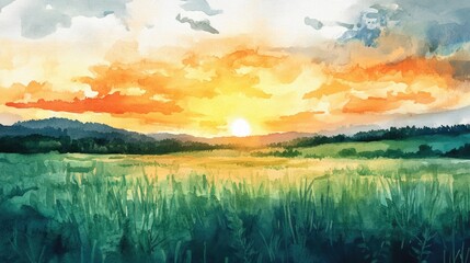 Fototapeta premium Watercolor Sunset Over a Field