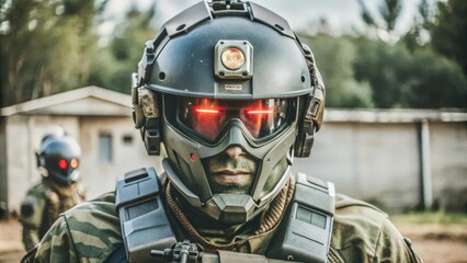 Obraz premium Soldier in Futuristic Gear with Red-Lit Visor