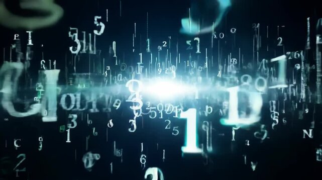 glowing numbers in various sizes, illuminated against a dark background, creating a futuristic and data-driven aesthetic
