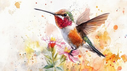 Hummingbird in Flight with Watercolor Splashes