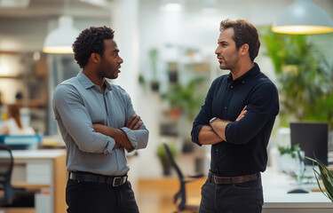 Two men standing in an office, talking to each other with their arms crossed over the chest.