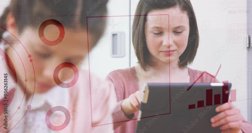Poster binary code and data analysis animation over children using tablets