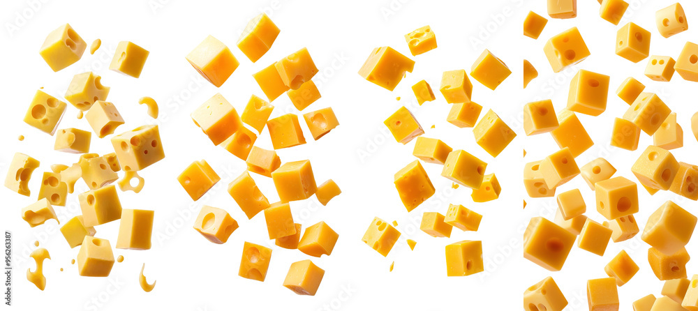 Poster full depth of field shot of falling cheese cube, isolated on white background