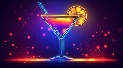 Neon cocktail icon illuminating a light backdrop, perfect for festive occasions. Decorate your party with this vibrant vector illustration. 