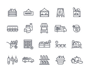 Farmers Market line Icons set. Simple symbols with vegetable counters, shelves and baskets of products. Editable stroke. Outline vector illustration collection isolated on white background