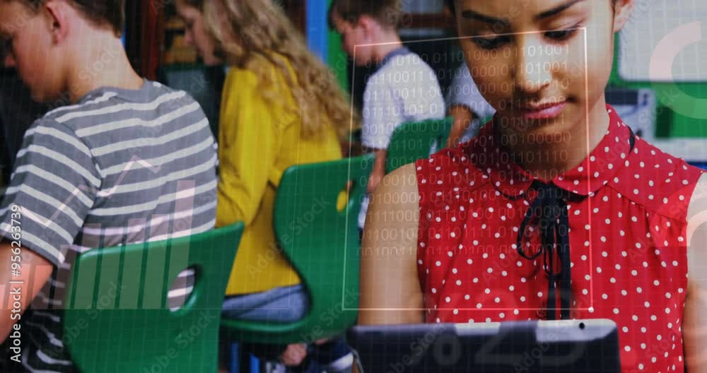 Poster binary code animation over students studying in classroom