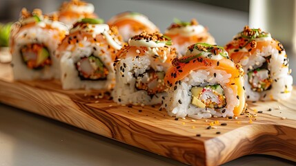 A wooden platter of homemade sushi topped with everything bagel seasoning