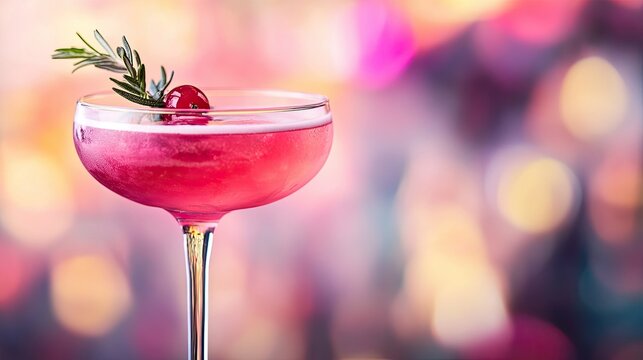 Elegant glass of pink cocktail with garnishes, set against a vibrant, colorful background.