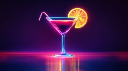 Neon cocktail icon illuminating a light backdrop, perfect for festive occasions. Decorate your party with this vibrant vector illustration. 