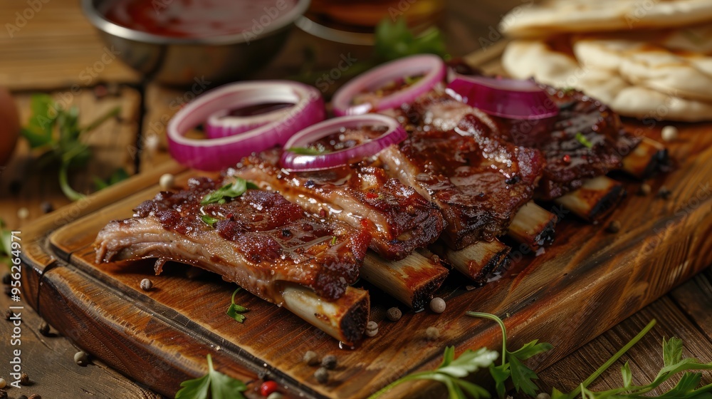 Poster fried mutton ribs meat with red onion rings sauce and pita bread on the wooden board on the wooden t
