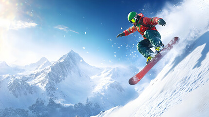A snowboarder jumps off a snowy mountain, soaring through the air with a stunning view of the snowy peaks in the background.