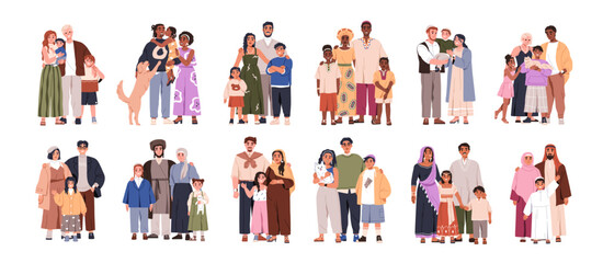 Families portraits, diversity. Happy diverse parents and kids of different nationalities, ethnicities, various cultures and traditions, set. Flat vector illustrations isolated on white background