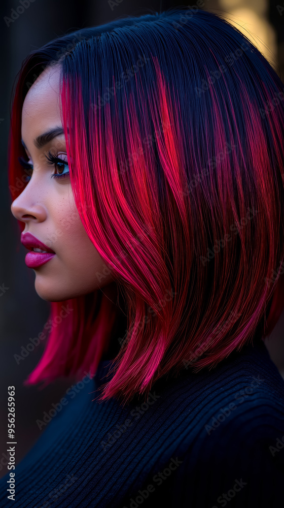 Poster a woman with bright red and black hair is looking away from the camera