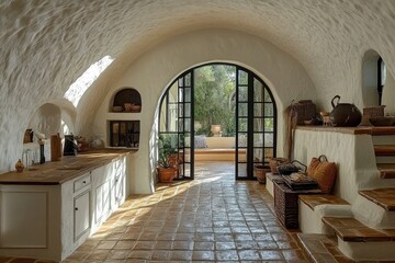 Rustic Kitchen with Arched Ceiling and Patio View