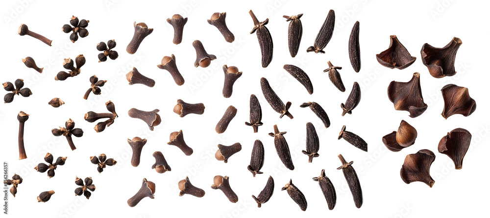 Poster spice of cloves falling on black background with full depth of field