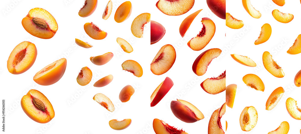 Leinwandbilder full-depth of field image of falling peach slices on white background