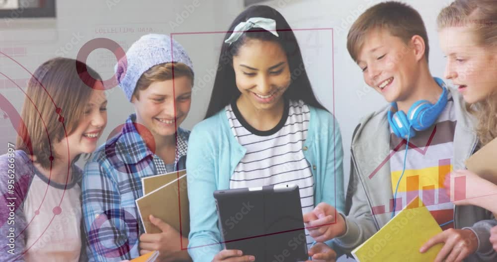 Poster analyzing data and graphs animation over diverse students using tablet