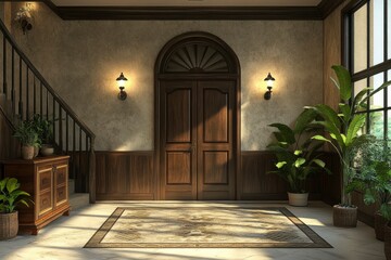 Fototapeta premium Elegant Foyer with Arched Wooden Door and Sunlit Floor
