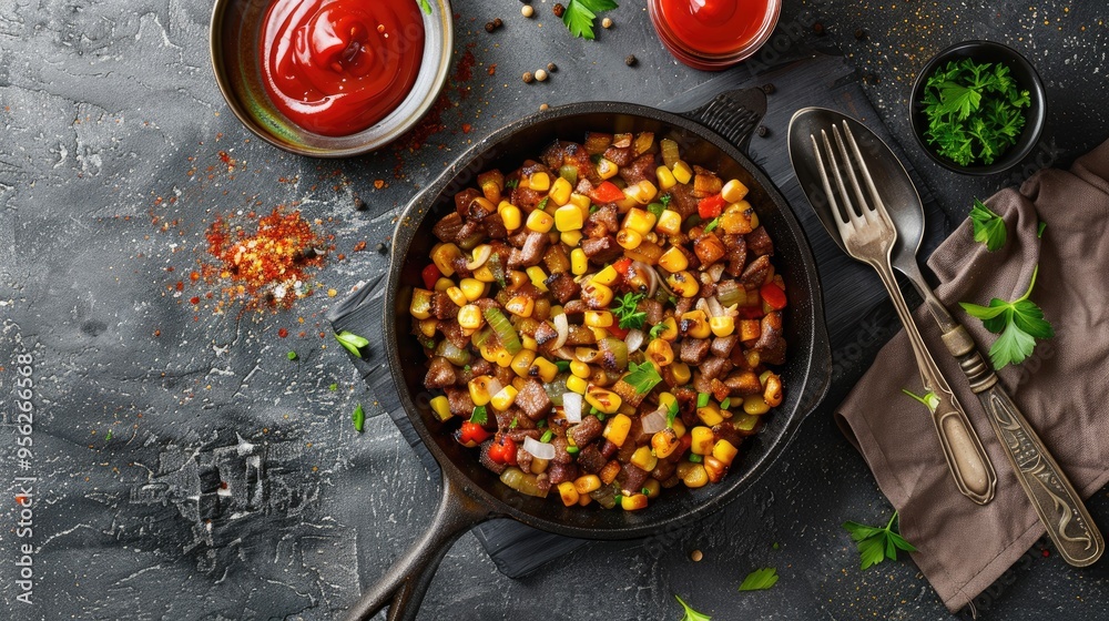 Poster Beef Hash with roasted corn garlic and parsley on a skillet on concrete table with ketchup fork and spoon horizontal view from above flat lay