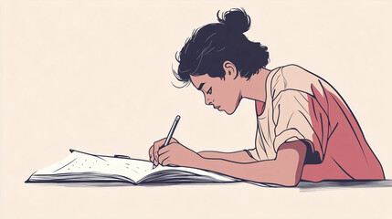  Focused Student Writing in Notebook Illustration with Copy Space