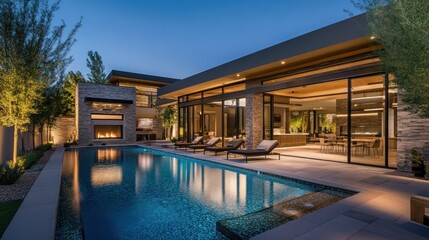 Fototapeta premium Modern Home with Pool and Fire Pit