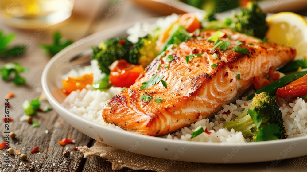 Poster Crispy fried salmon filet with broccoli tomato vegetable and rice parsley and lemon zest garnish served on a white plate on a rustic wooden table copy space selected focus narrow depth of field