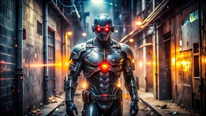 A futuristic armored warrior with red eyes stands in a dimly lit alleyway.