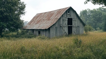 Fototapeta premium Rural barn with a dilapidated roof, showing signs of age and wear, amidst a field of tall grass.