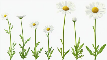 Sequential stages of a daisy's growth, from seedling to full bloom, isolated on a transparent background.