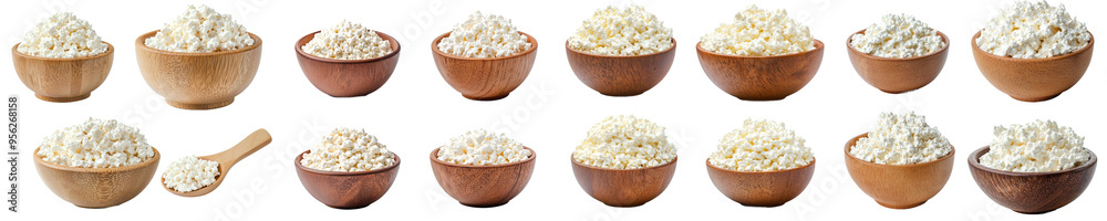 Poster isolated on white background, cottage cheese and curd are in a bowl with a full depth of field