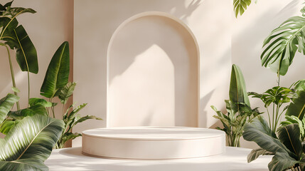 Indoor exhibition space decorated with circular platform and green plants