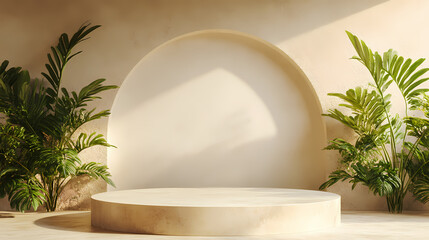 Indoor exhibition space decorated with circular platform and green plants
