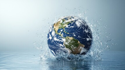 Fototapeta premium The planet Earth submerged in a watery sphere, with splash effects surrounding it, isolated against a plain background.