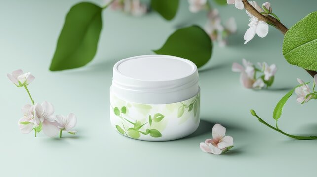 A lip balm mockup in a biodegradable container, adorned with a pattern of blooming flowers and green vines.