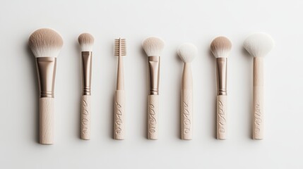 Fototapeta premium A makeup brush set mockup with handles made from sustainably sourced wood, each engraved with different natural elements like leaves, waves, and clouds, representing the harmony of nature.