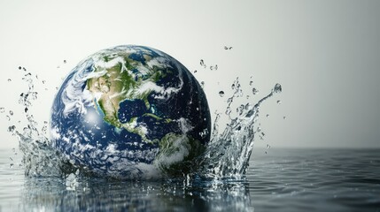 The planet Earth submerged in a watery sphere, with splash effects surrounding it, isolated against a plain background.