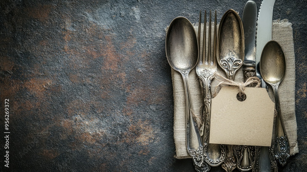 Fototapete vintage silverware set with an empty tag for text, placed on a rustic surface, creating an antique a