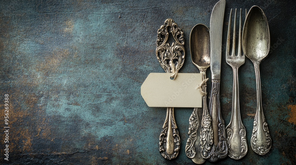 Fototapete vintage silverware set with an empty tag for text, placed on a rustic surface, creating an antique a