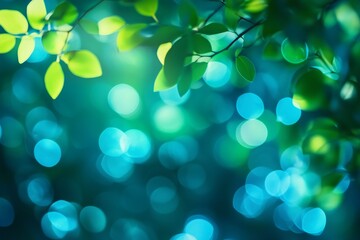 Fototapeta premium Green leaves illuminated by soft blue bokeh light in a serene natural setting during daytime