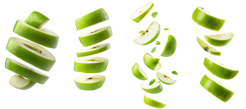 Green juicy apple in full depth of field falling on a white background