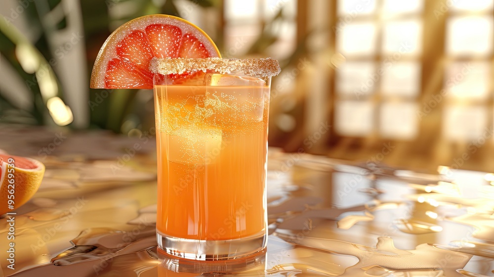 Aufkleber grapefruit sparkling drink with tequila and salted rim grapefruit slice garnish