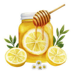 Watercolor illustration of honey jar with lemon slices and dipper, surrounded by leaves and flowers, representing nature and health.