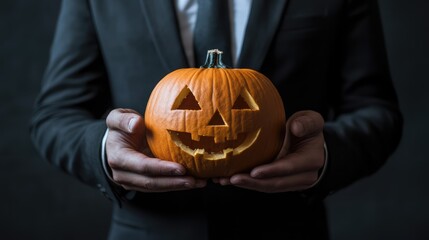 Businessman Holding a Pumpkin for Halloween Celebration, Professional and Festive 3D Illustration. AI generated illustration.