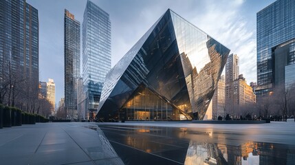 Naklejka premium Sleek and contemporary, this building boasts sharp lines and a minimalist style. The combination of glass and steel creates a reflective exterior that mirrors the urban landscape. 