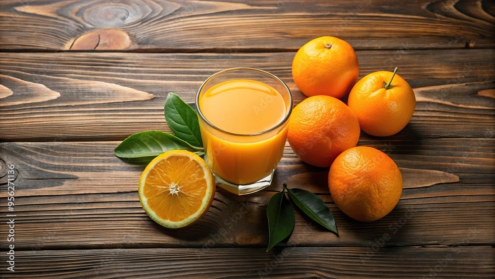 Wall mural fresh orange juice and oranges on wooden background