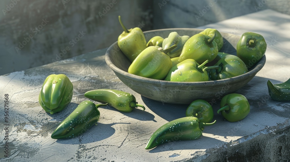 Poster the image shows a bowl of green peppers on a concrete surface the peppers are various shades of gree