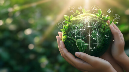 World Ozone Day.  A hand is holding a globe with a green planet on it. AI generative.