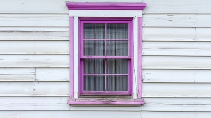 A single vintage storm window with 12 small panes a purple wooden frame and pink trim in a white wooden clapboard building The exterior wall is made of narrow pine horizontal clapboard siding